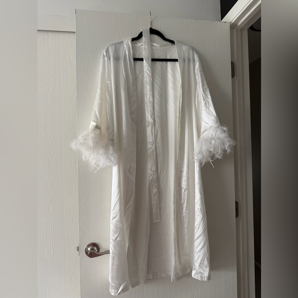 White Satin Feather Trim Robe
